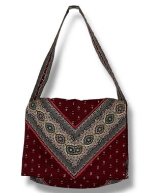 Vintage Bag Quilted Burgundy Red Grey Print Cotton Shoulder Purse